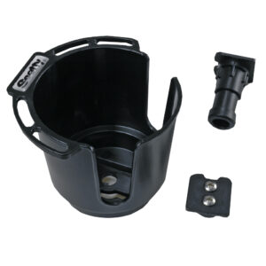 Black cup holder with mounting accessories.