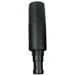 Black plastic cylindrical automotive connector on white background.