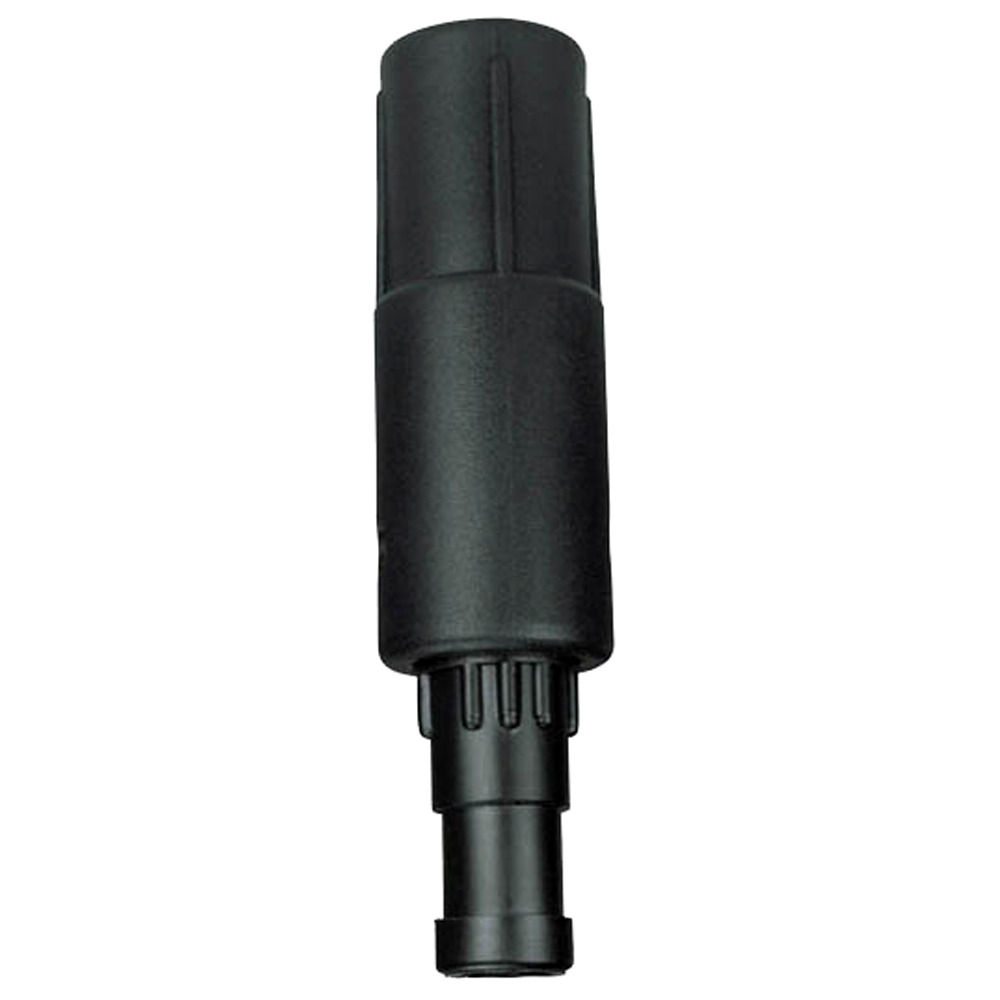 Black plastic cylindrical automotive connector on white background.