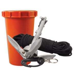 Foldable anchor kit with rope and container.