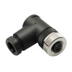 Black angled industrial connector with metal ring.