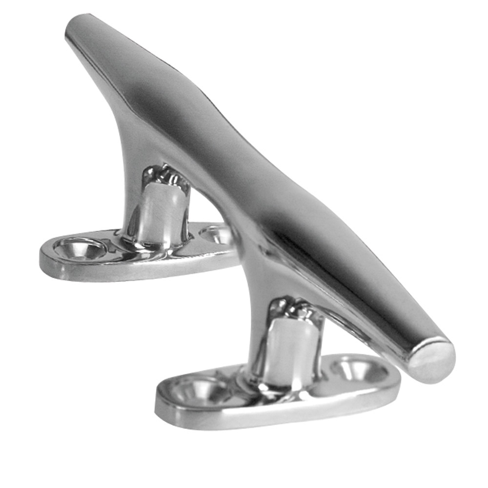 Stainless steel boat cleat on white background.