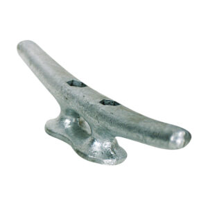 Metal cleat for securing ropes on boats.