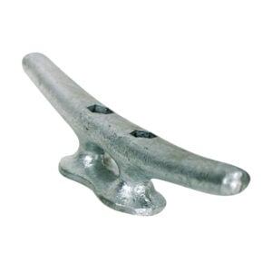 Metal boat cleat for securing ropes.