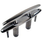 Stainless steel boat cleat with threaded bolts.