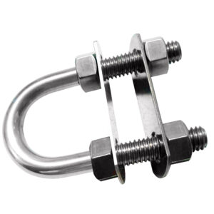 Stainless steel U-bolt with nuts and washers.