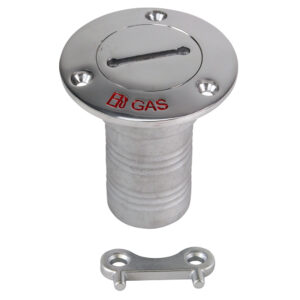 Metal gas cap with locking tab.