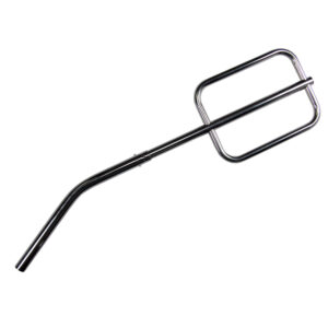 Metal egg separator whisk tool on white background.