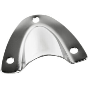 Chrome guitar neck plate with three screw holes.