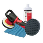 Car polisher kit with pad and polish bottle.