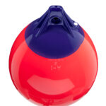 Red and blue marine buoy close-up.
