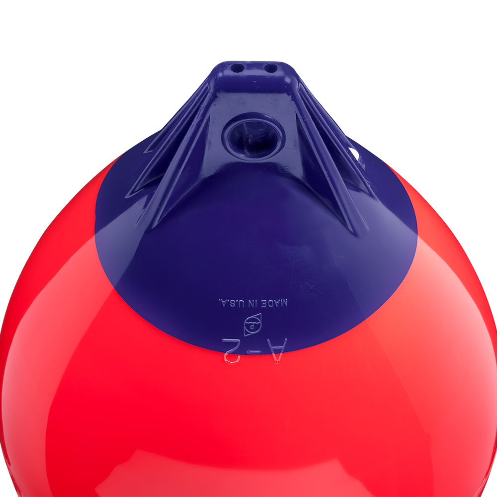 Red and purple boat buoy close-up.