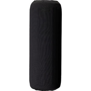 Black cylindrical punching bag for martial arts training.