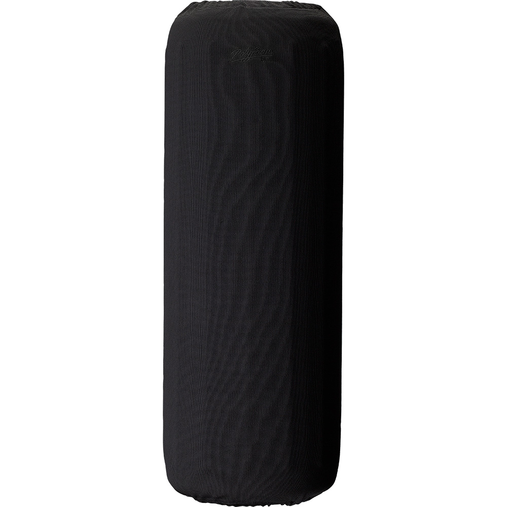 Black cylindrical punching bag for martial arts training.