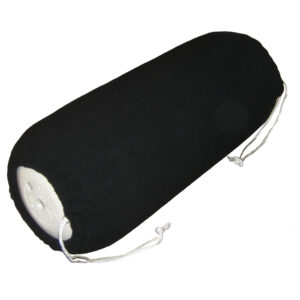 Black cylindrical pillow with drawstrings