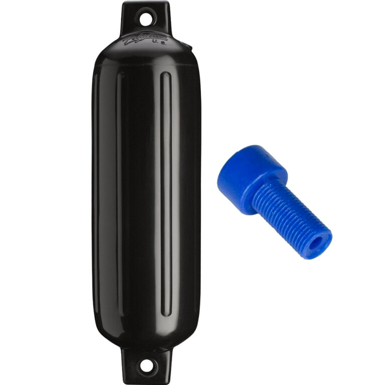 Black boat fender and blue air valve.