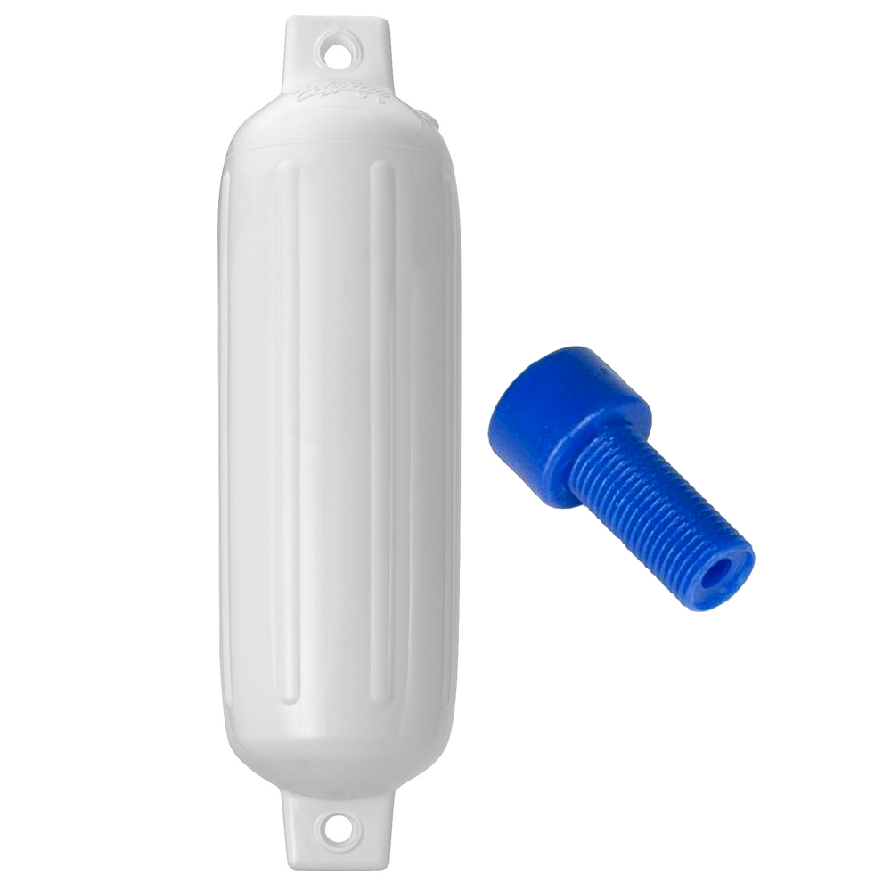 White marine fender with blue inflation valve