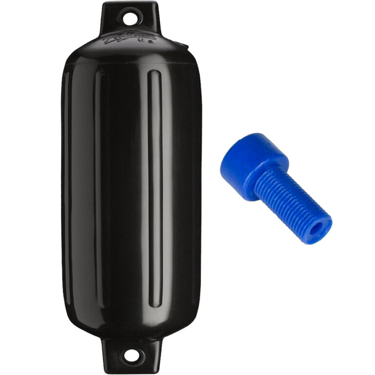 Black boat fender with blue air valve.