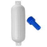White boat fender with blue plug.
