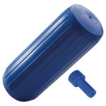 Blue cylindrical boat fender with plug.