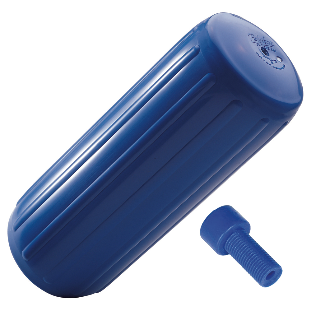 Blue cylindrical boat fender with plug.