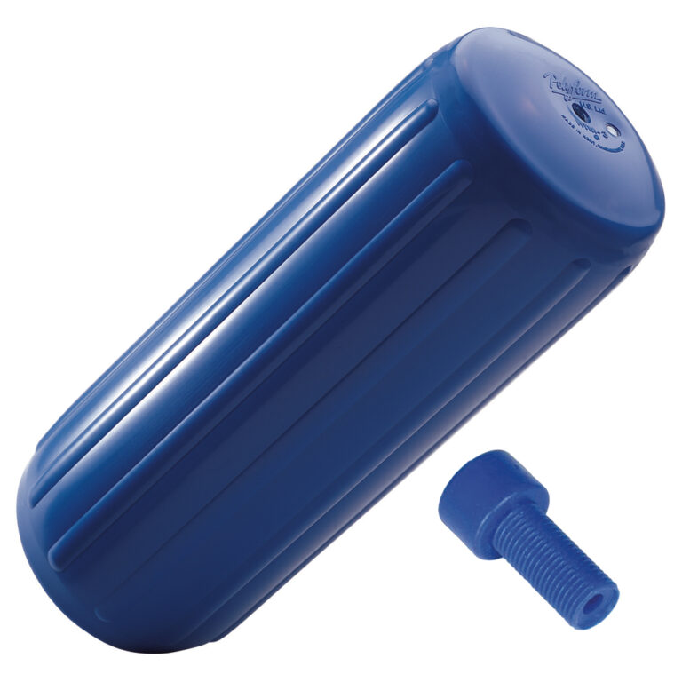 Blue cylindrical boat fender with plug.