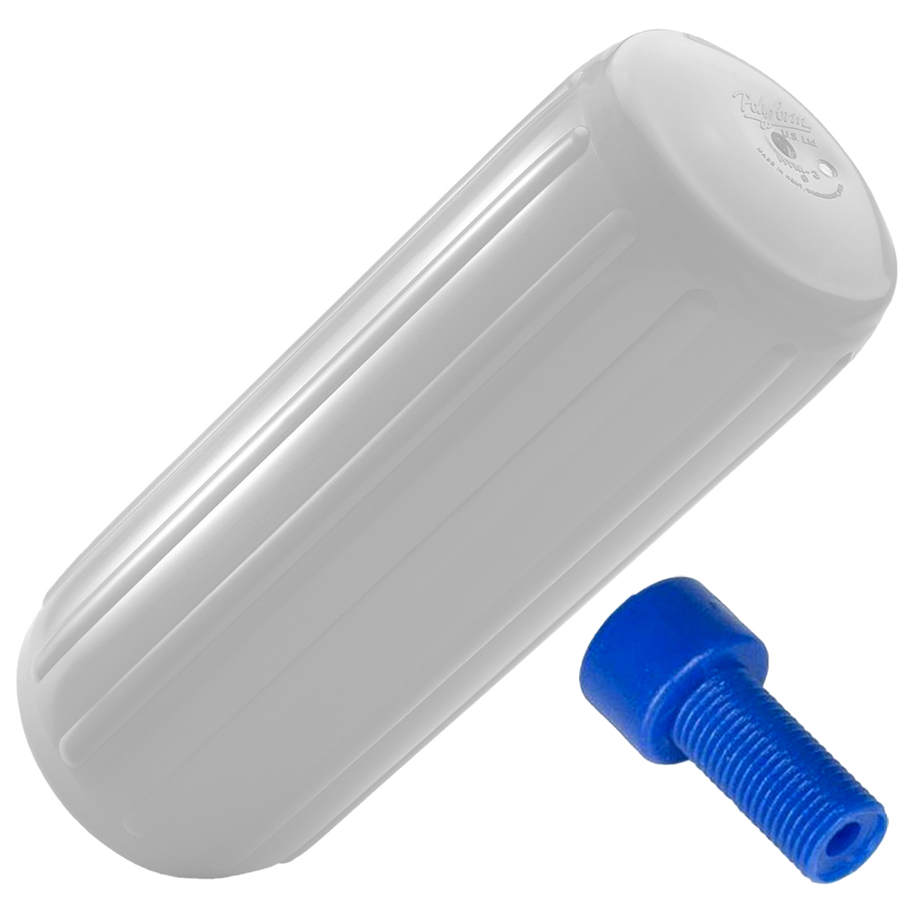 White boat fender with blue screw attachment.