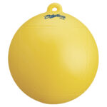 Yellow marine buoy with logo on top