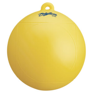 Yellow marine buoy with logo on top