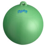 Green polyform buoy with blue logo