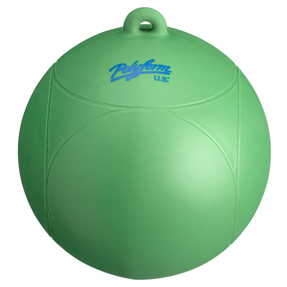 Green polyform buoy with blue logo
