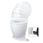 Foot-operated toilet with automatic lid lift mechanism.