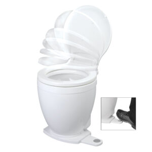 Foot-operated toilet with automatic lid lift mechanism.