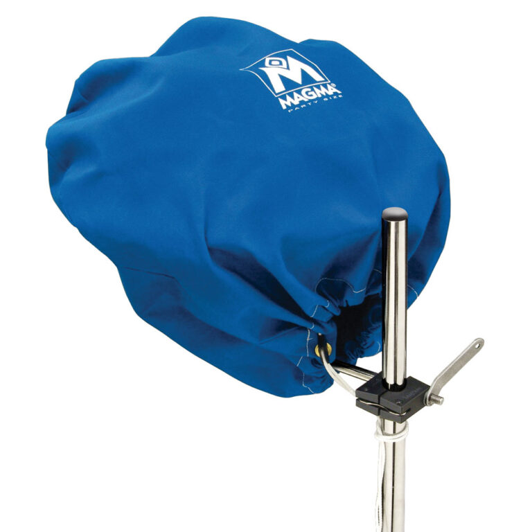 Blue outdoor grill cover on pole mount.