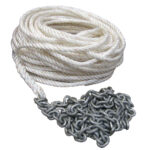 Coiled white rope with attached metal chain