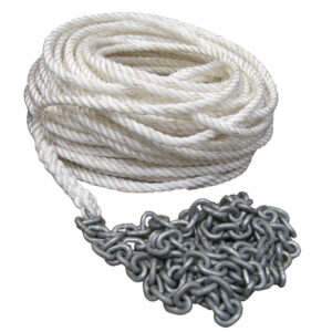 Coiled white rope with attached metal chain
