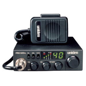 Uniden CB radio with microphone and controls.