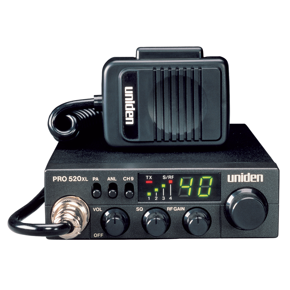 Uniden CB radio with microphone and controls.