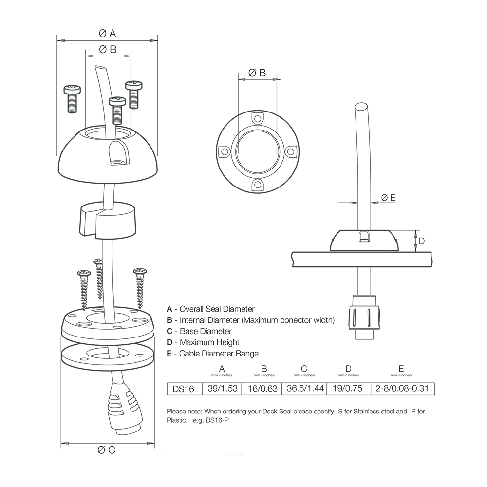 Diagram of deck seal with labeled dimensions.