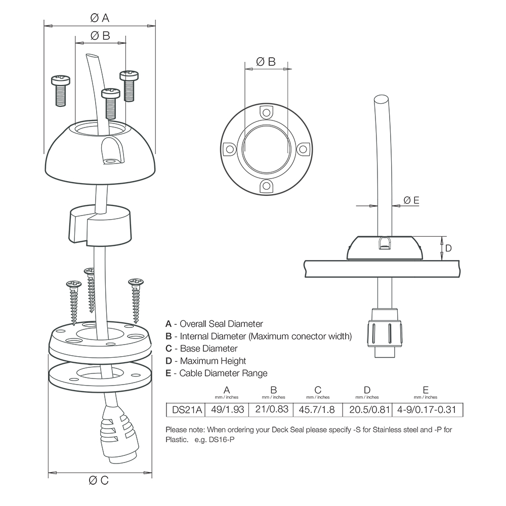 Technical drawing of deck seal dimensions and specifications.