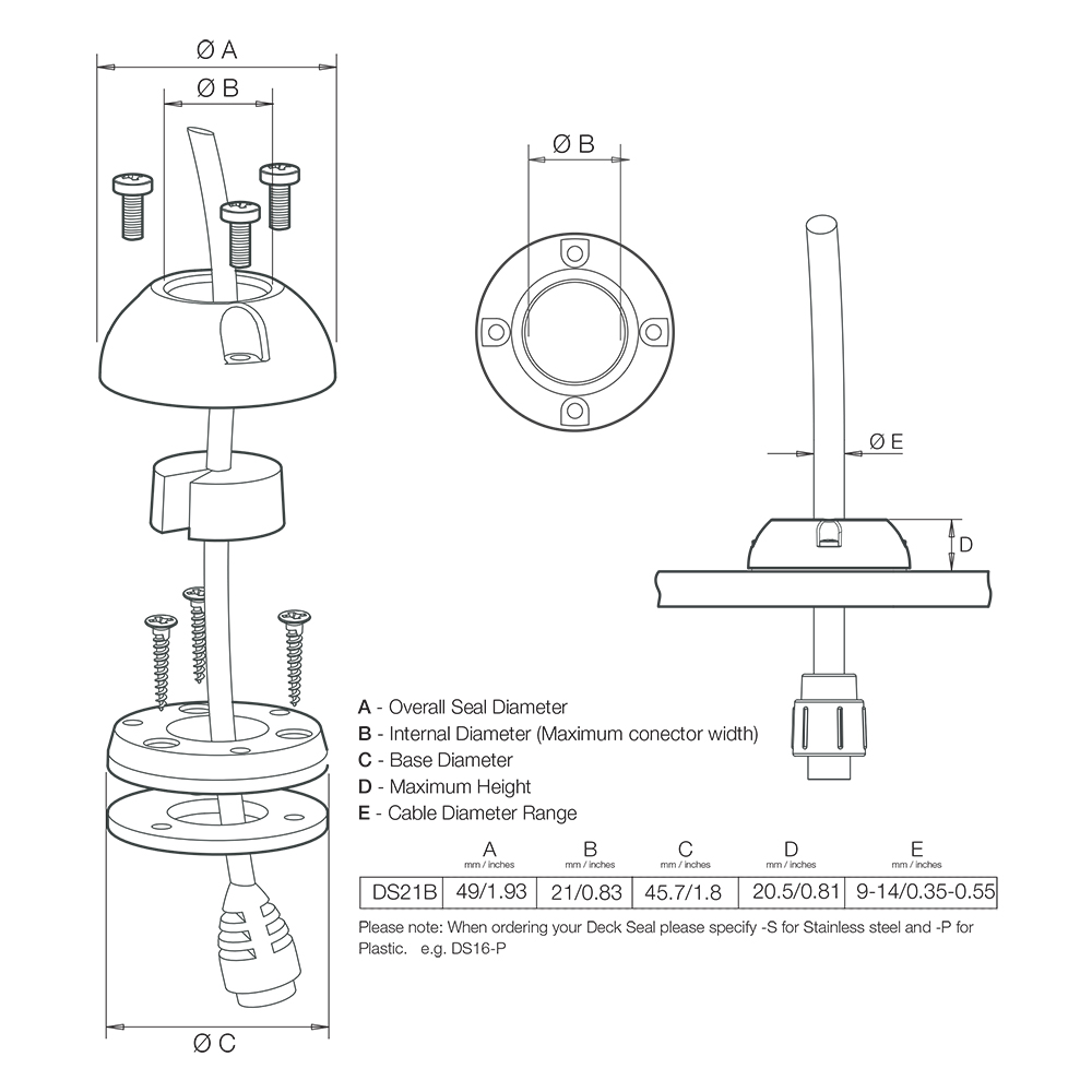 Technical drawing of deck seal dimensions and specifications.