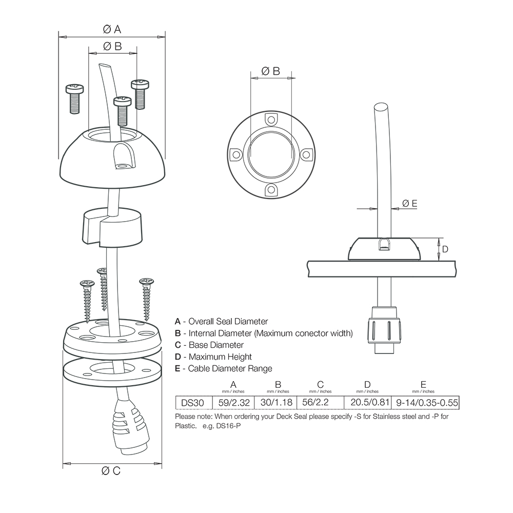 Technical diagram of deck seal dimensions and specifications.