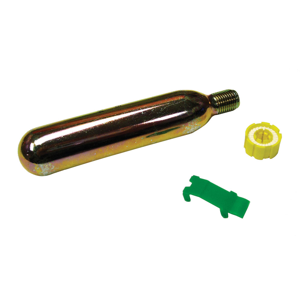 CO2 cartridge with safety cap and clip