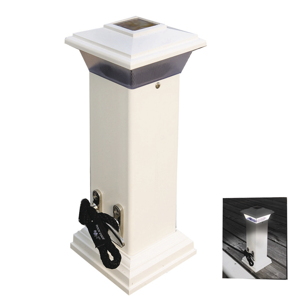 Solar dock post light with rope cleat