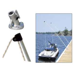 Watercraft docked with secure tie-down supports.