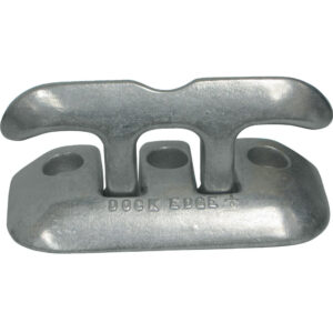 Metal dock cleat for securing boats.