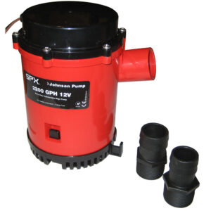 Red submersible bilge pump with connectors, 2200 GPH.