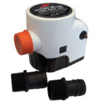 Submersible bilge pump with detachable hose adapters.