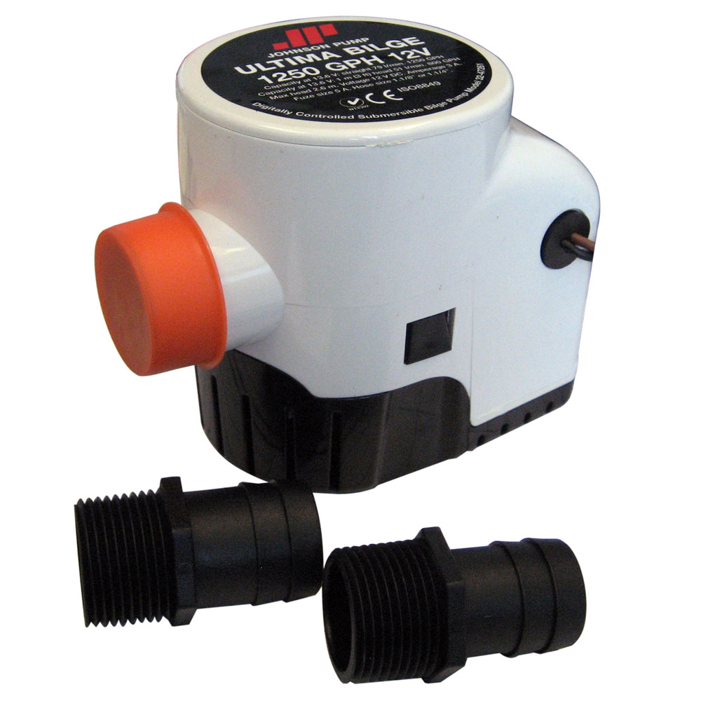 Submersible bilge pump with detachable hose adapters.