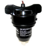 Black 500 GPH marine motor, front view.